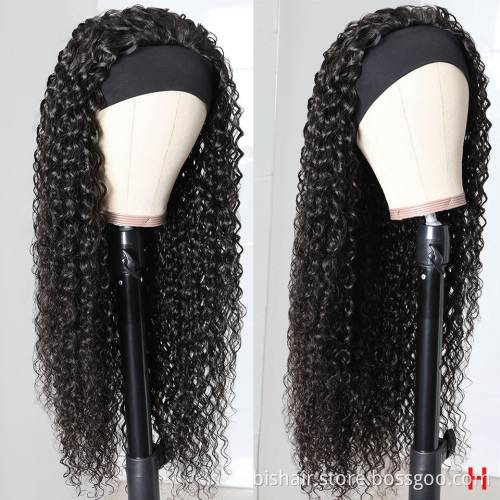 Wholesale Headband Brazilian Hair Half Curly Wig 150 Density Natural Black Deep Wave Machine Made Headband Wig For Black Women